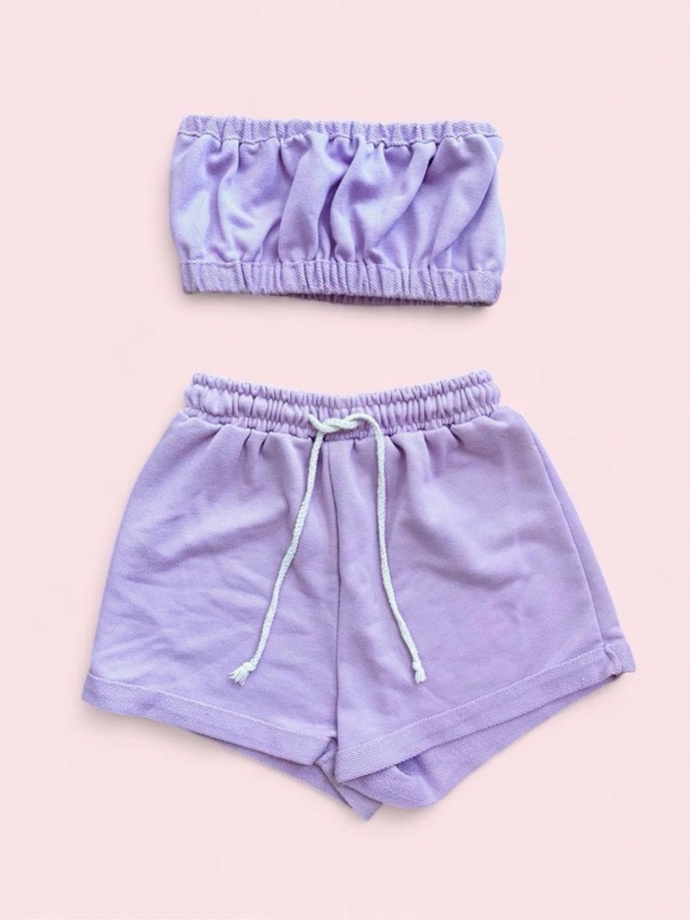 Lavender Purple Jersey Knit Bando Tube Top & Drawstring Shorts Matching Set — XS